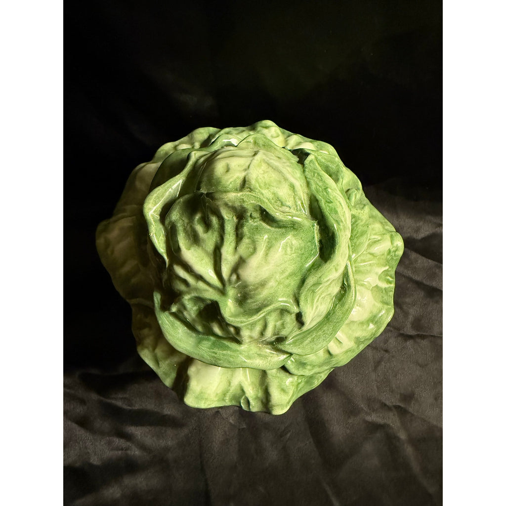 Vintage 90’s Vietri Italian Pottery Cabbage head in bamboo basket canister