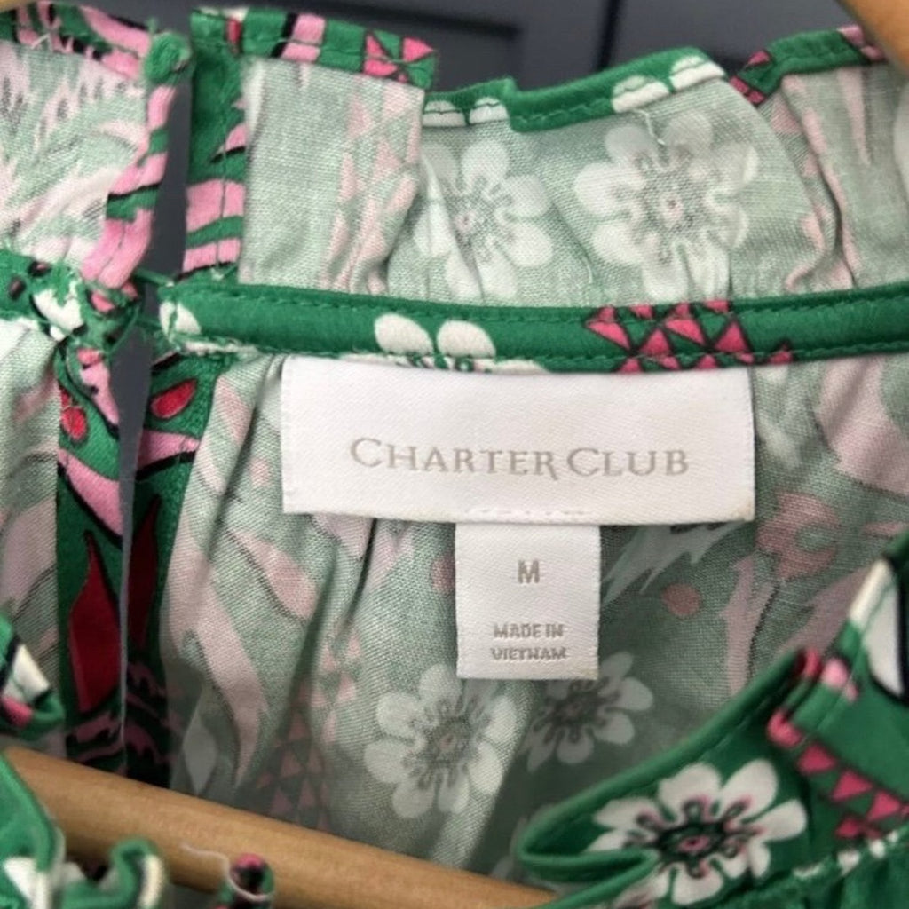 Charter Club Womens Dress A-Line Green Floral Sleeveless Ruffle Trim Size M
