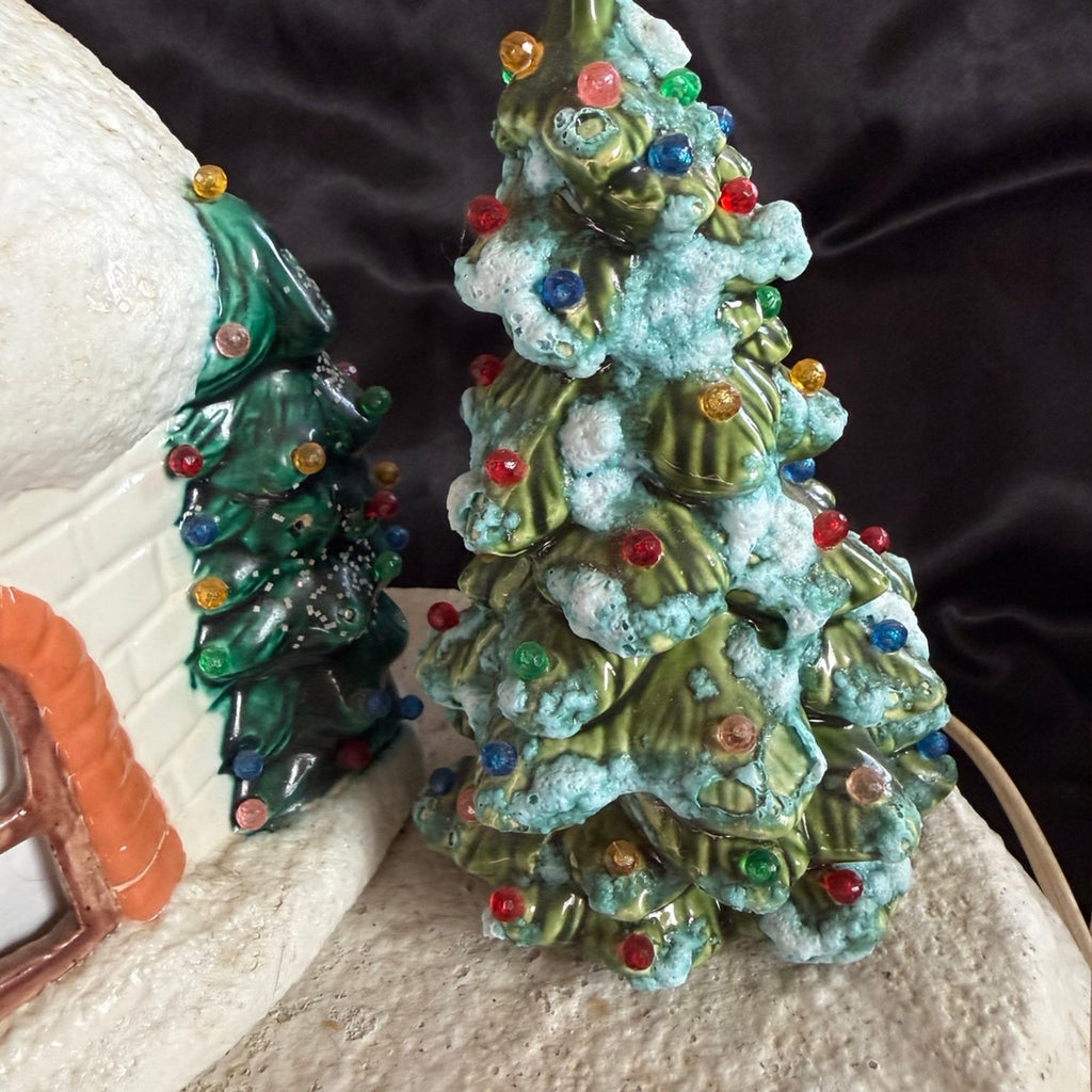 Vintage 1974 ceramic lighted Christmas igloo and tree on base with pegs