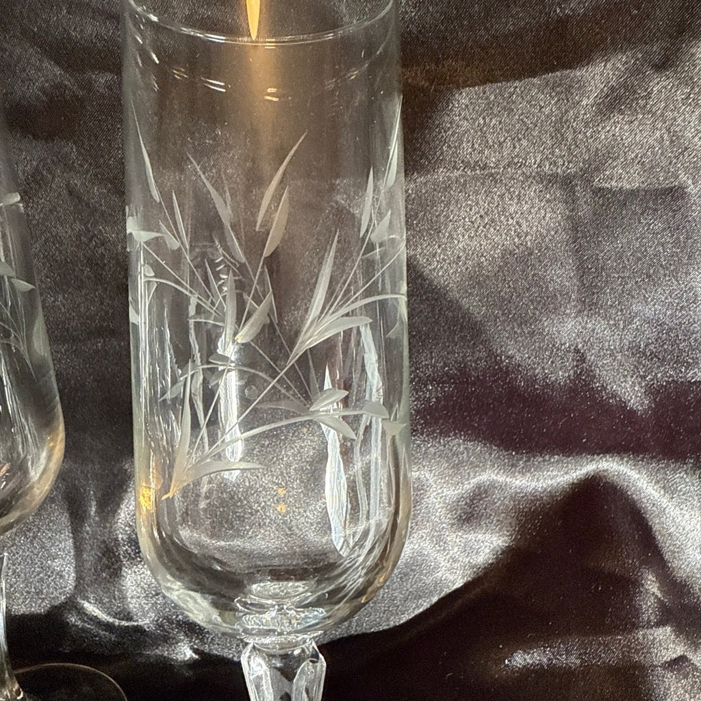 3 Vintage Princess House Etched Blown Glass Champagne Flutes In Wheat Pattern