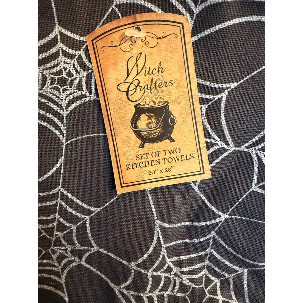 Set of two Witch Crafters Spider Web print kitchen towels 20” x 28”