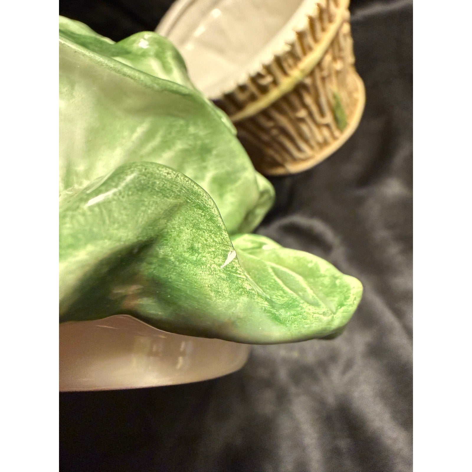Vintage 90’s Vietri Italian Pottery Cabbage head in bamboo basket canister