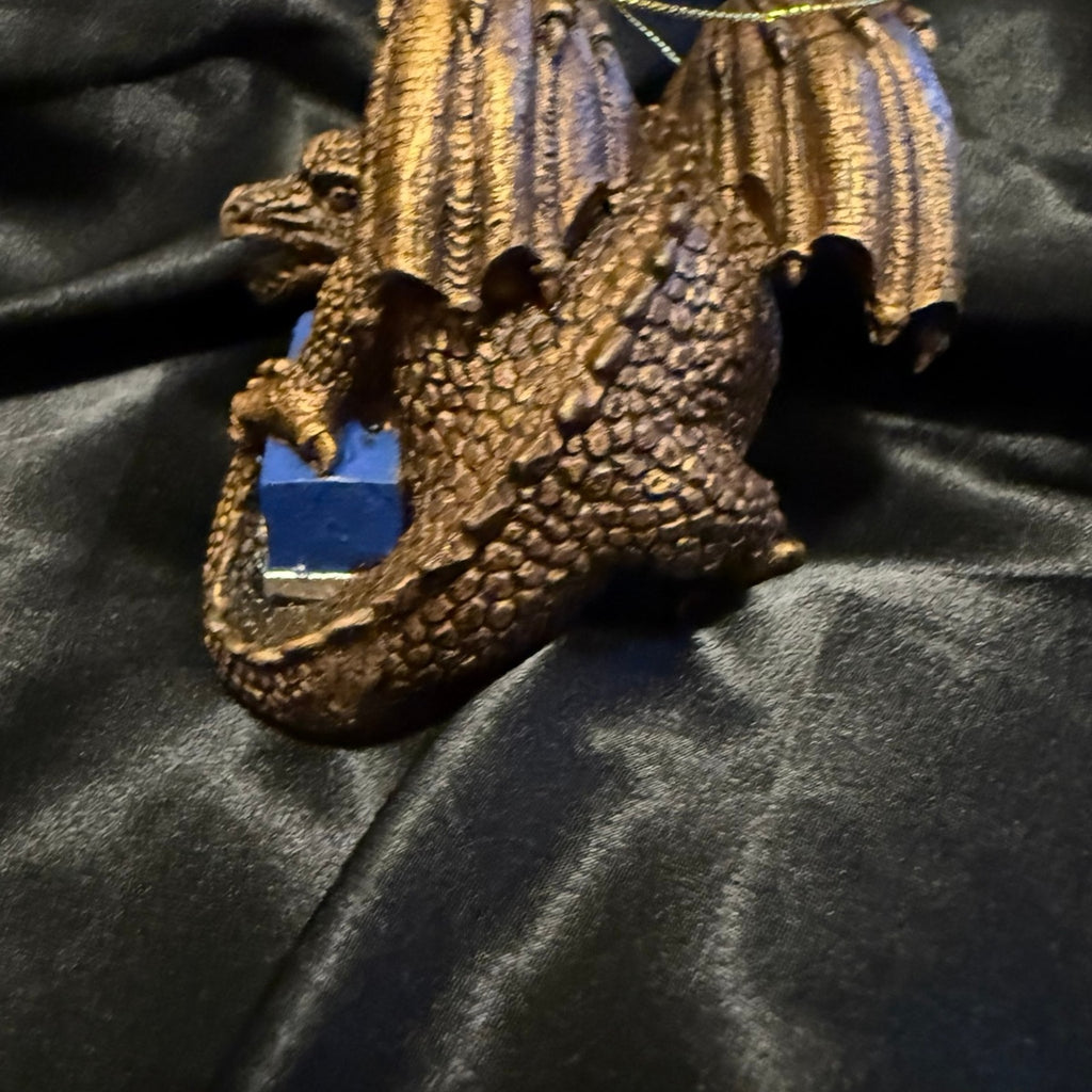 Vintage Design Toscano Dragon and Santa resin Christmas ornaments set