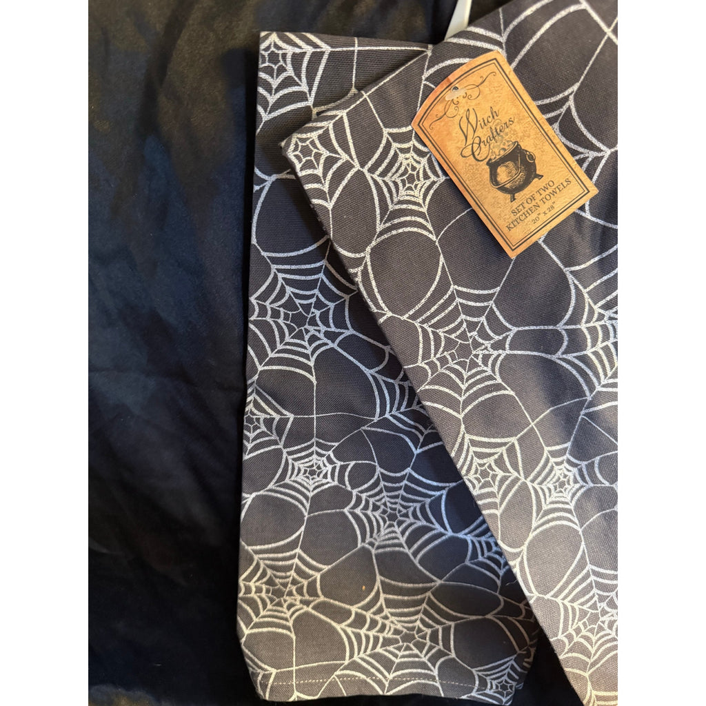 Set of two Witch Crafters Spider Web print kitchen towels 20” x 28”