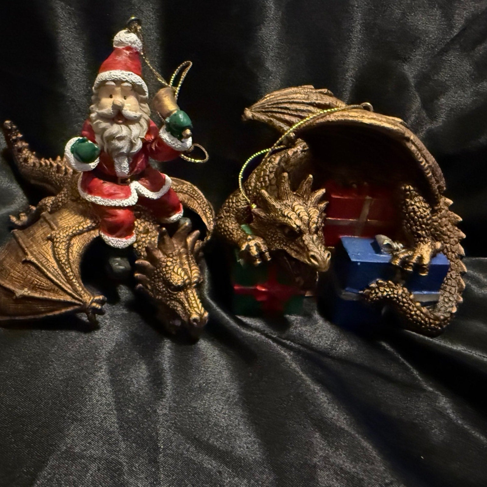 Vintage Design Toscano Dragon and Santa resin Christmas ornaments set