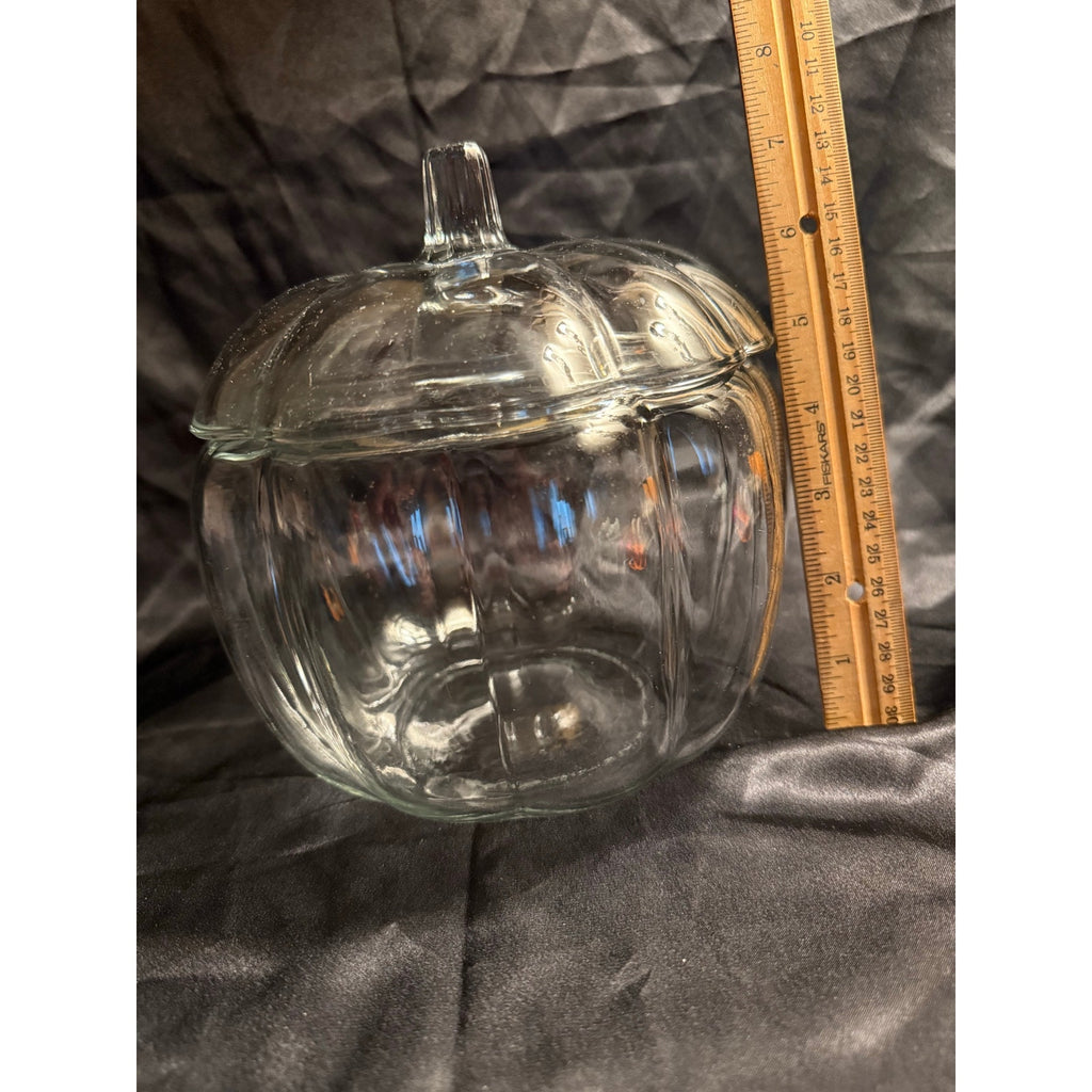 Vintage 70’s Anchor Hocking Clear Glass Pumpkin Candy/Cookie Jar With Lid
