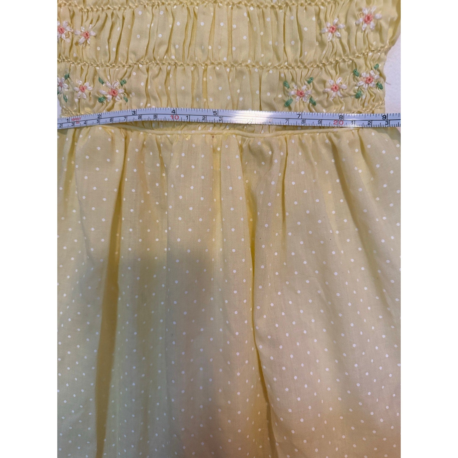 Vintage 1982 Shirred girls sun dress embroidered flowers lace trim collar no tags