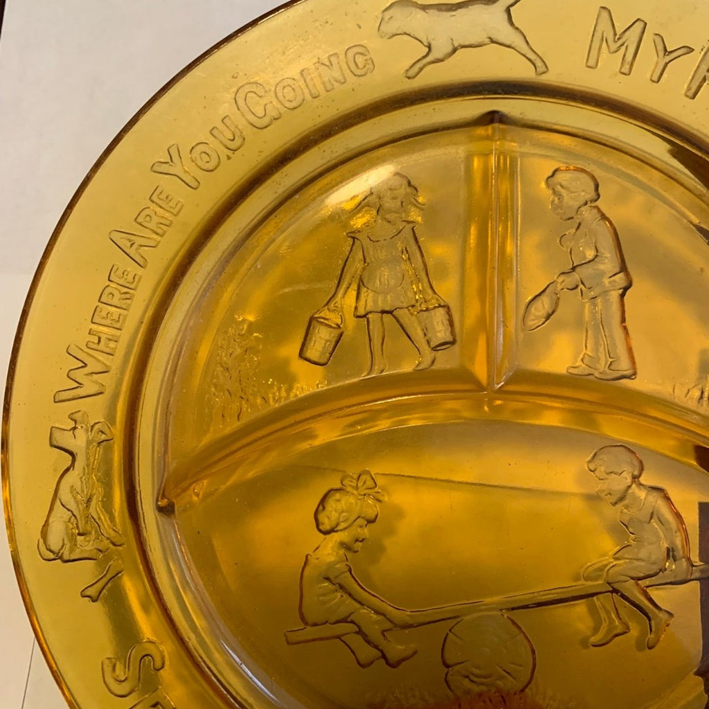 Vintage Tiara Amber Glass Divided Nursery Rhyme Plate Humpty Dumpty Pretty Maid