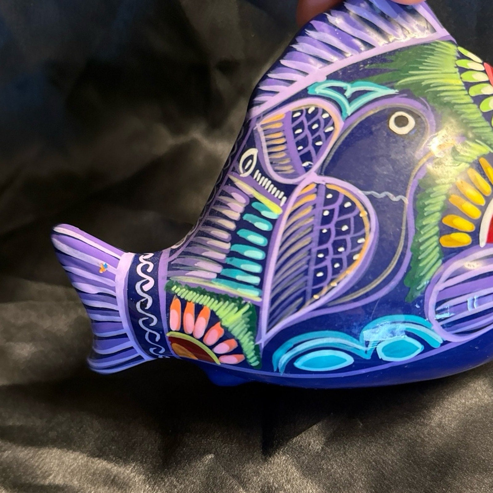 Vintage Mexican Folk Art Hand Painted Terra Cotta Fish Tropical Coin Bank