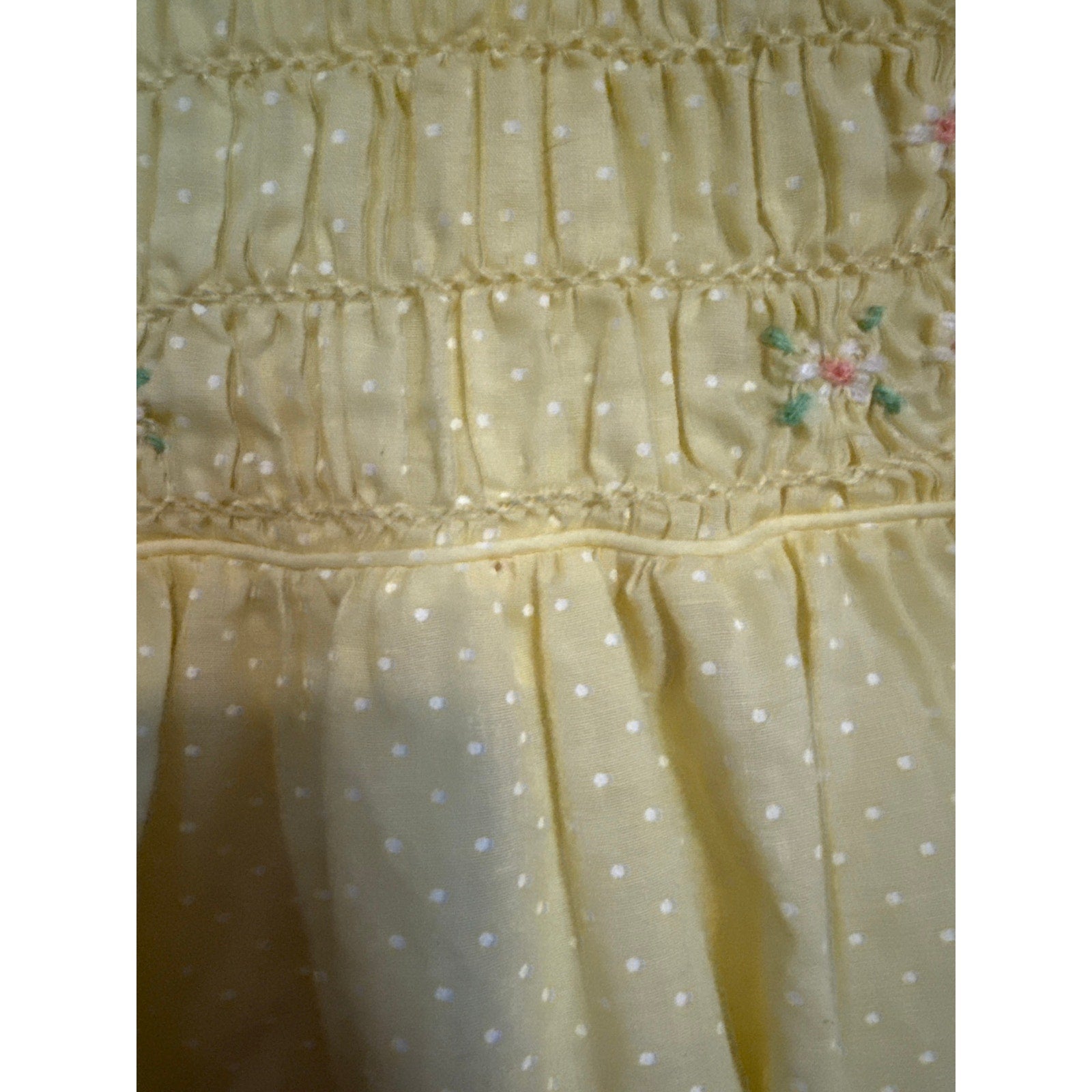 Vintage 1982 Shirred girls sun dress embroidered flowers lace trim collar no tags