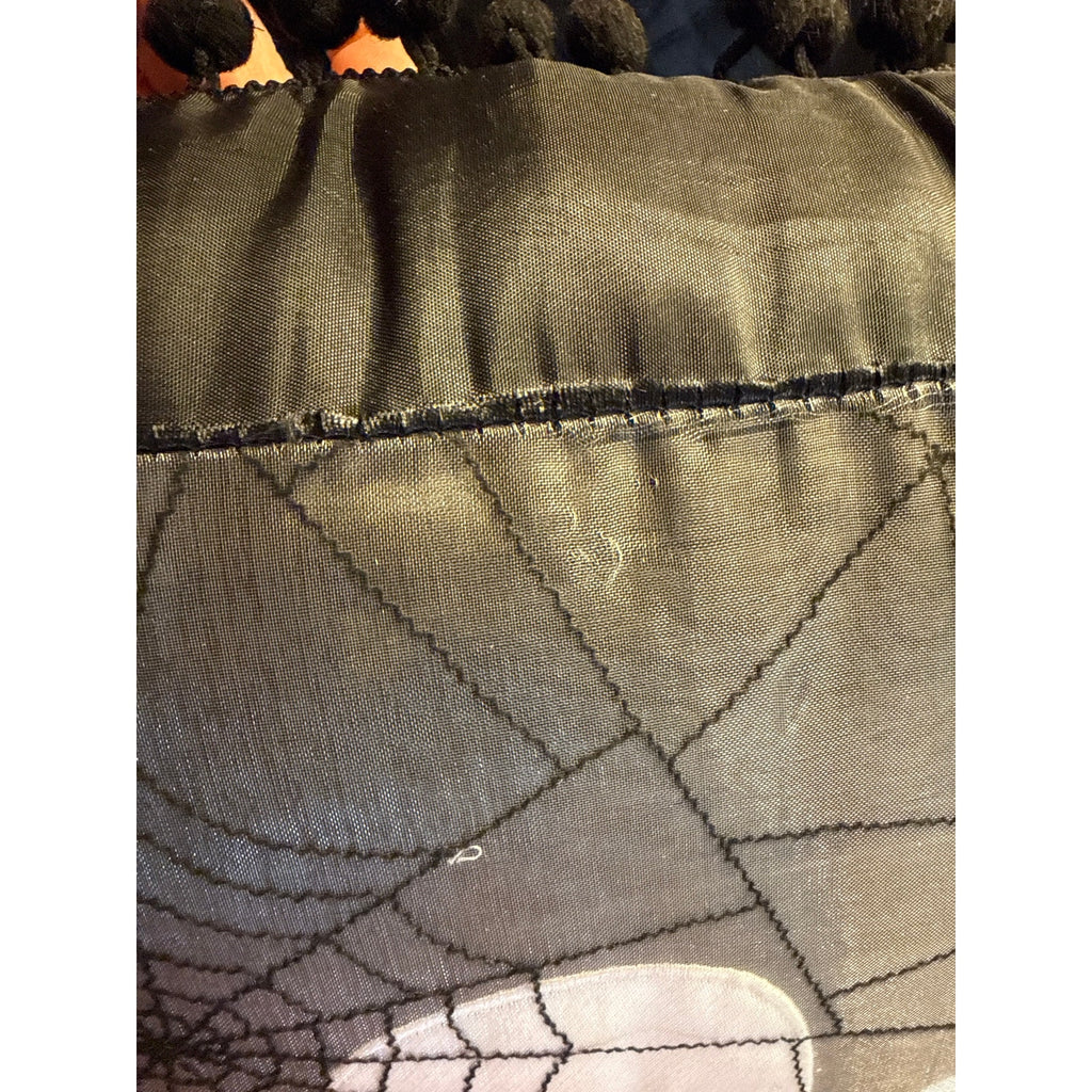 Skull and crossbones spiderwebs Satin throw pillow Pom-pom trim 15 x 15”