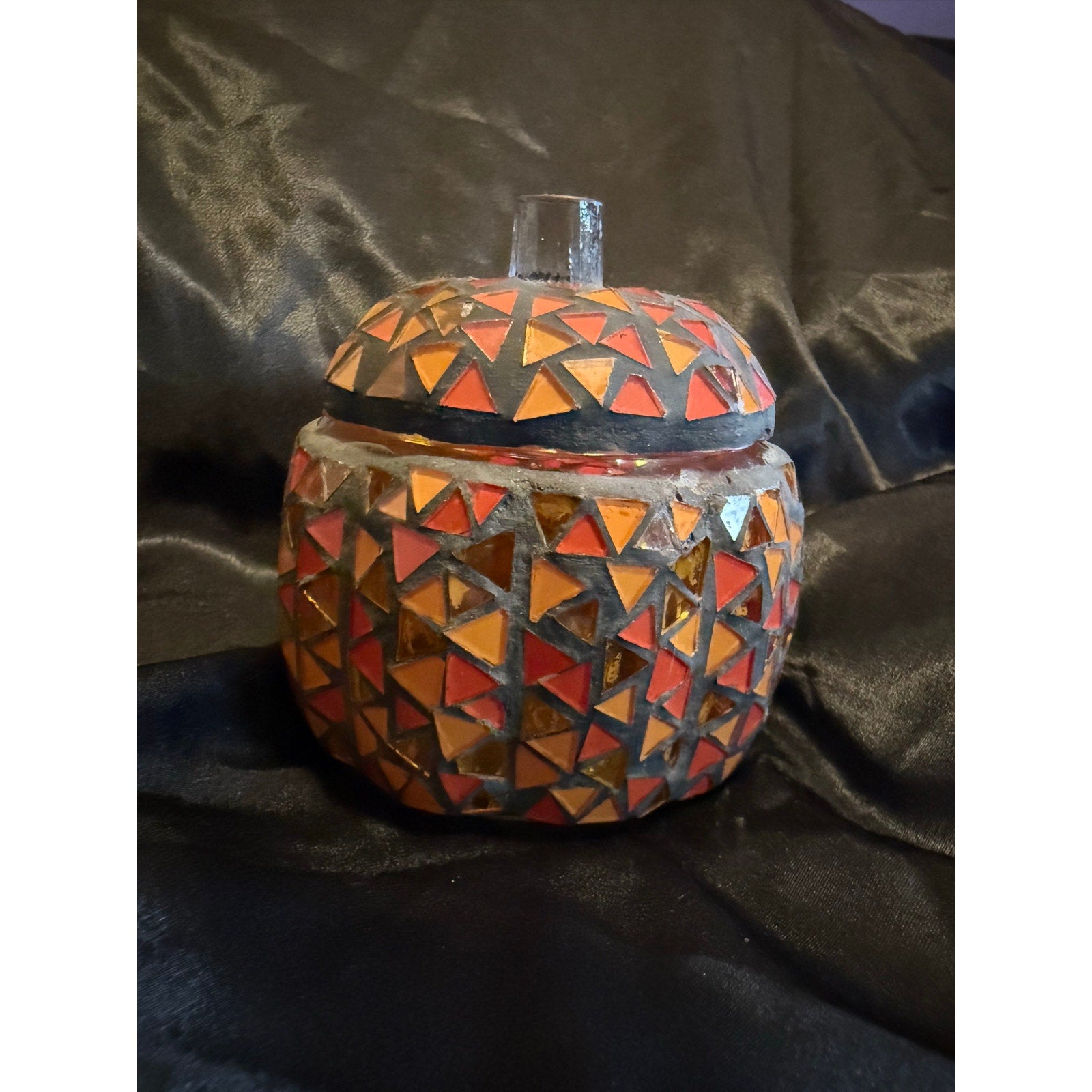 Mosaic glass pumpkin jar 6”x3” fall colors Halloween
