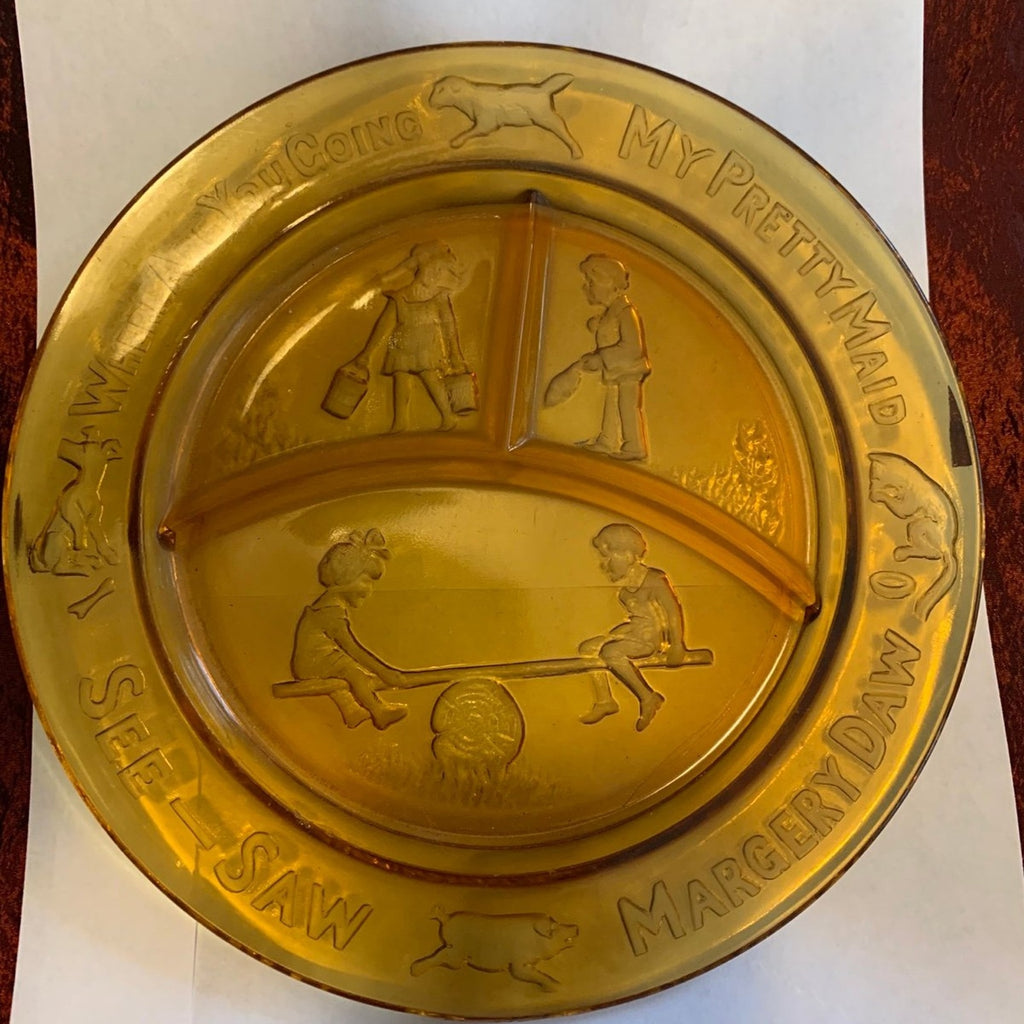 Vintage Tiara Amber Glass Divided Nursery Rhyme Plate Humpty Dumpty Pretty Maid