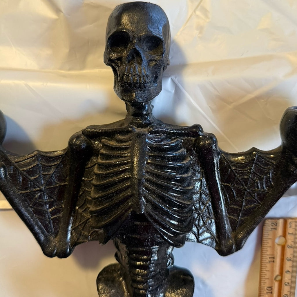 18” gothic resin skeleton candelabra with bat wings castlecore