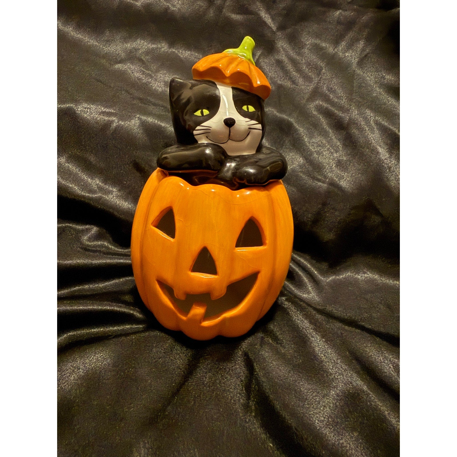 Vintage 90’s Scaredy Cats Jack o Lantern Halloween Ceramic Tea light Holder 6”