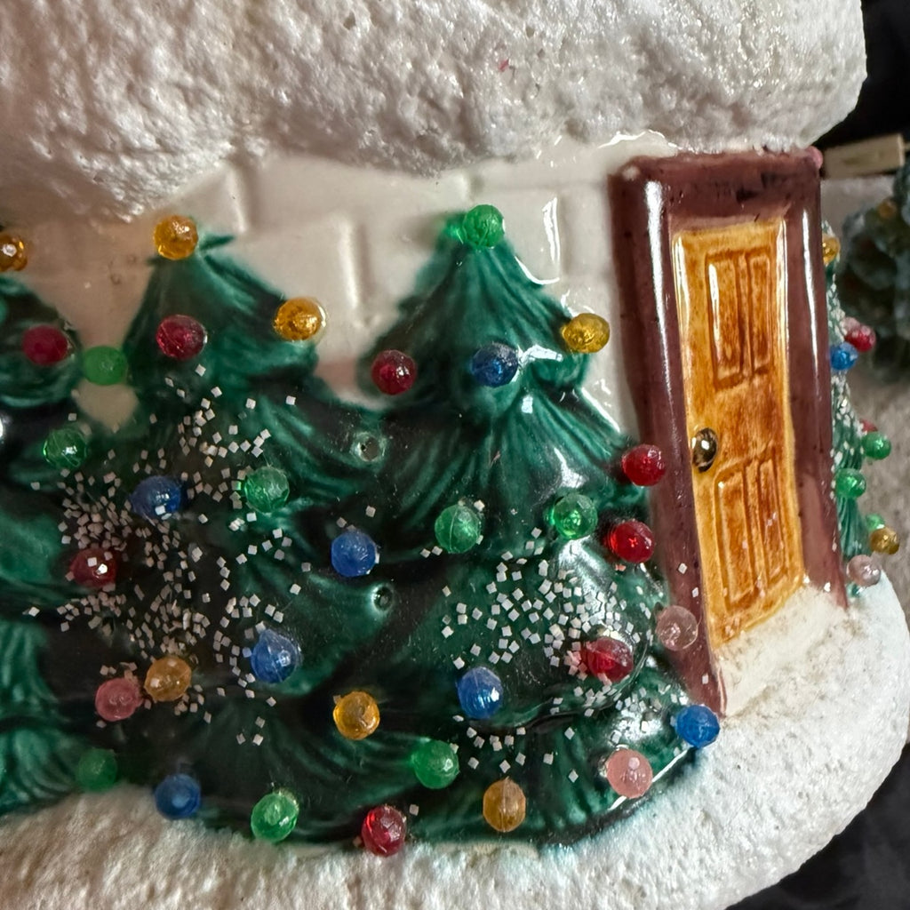 Vintage 1974 ceramic lighted Christmas igloo and tree on base with pegs