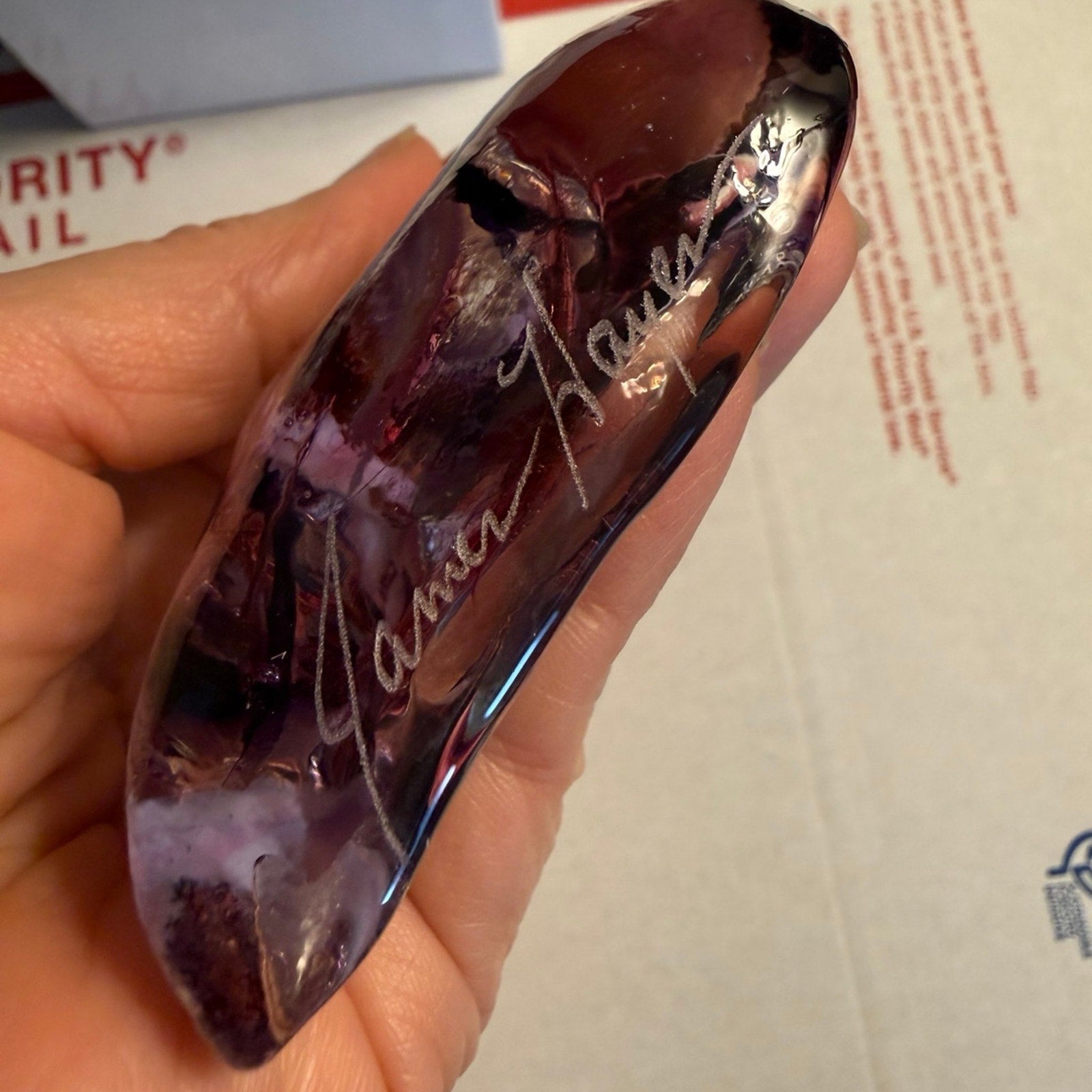 Signed James Hayes Art Glass Heart Pink Purple Scheme