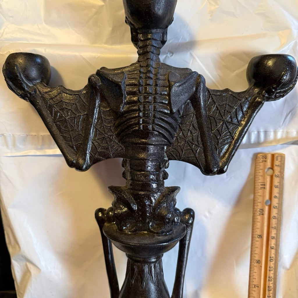 18” gothic resin skeleton candelabra with bat wings castlecore