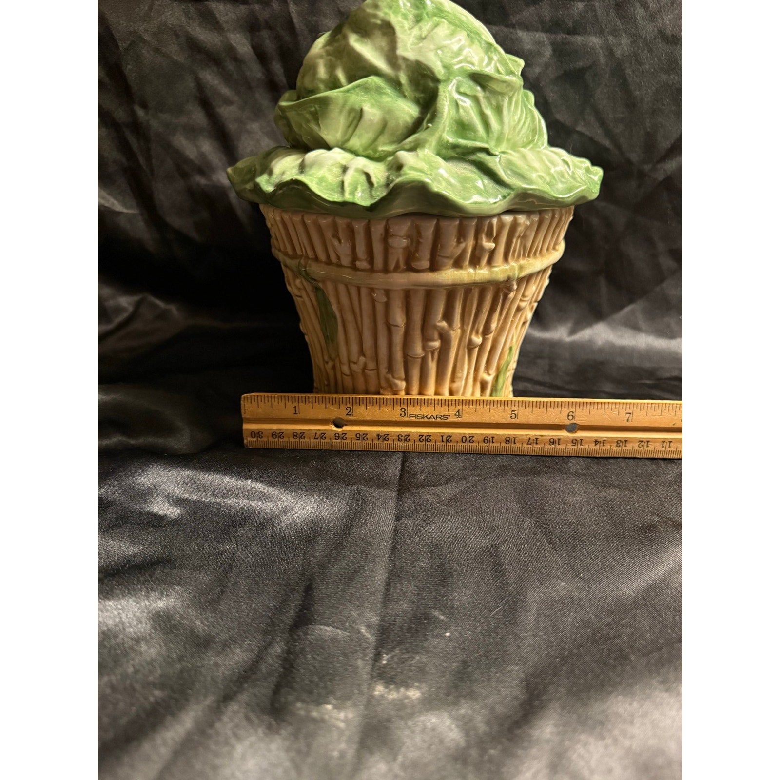 Vintage 90’s Vietri Italian Pottery Cabbage head in bamboo basket canister