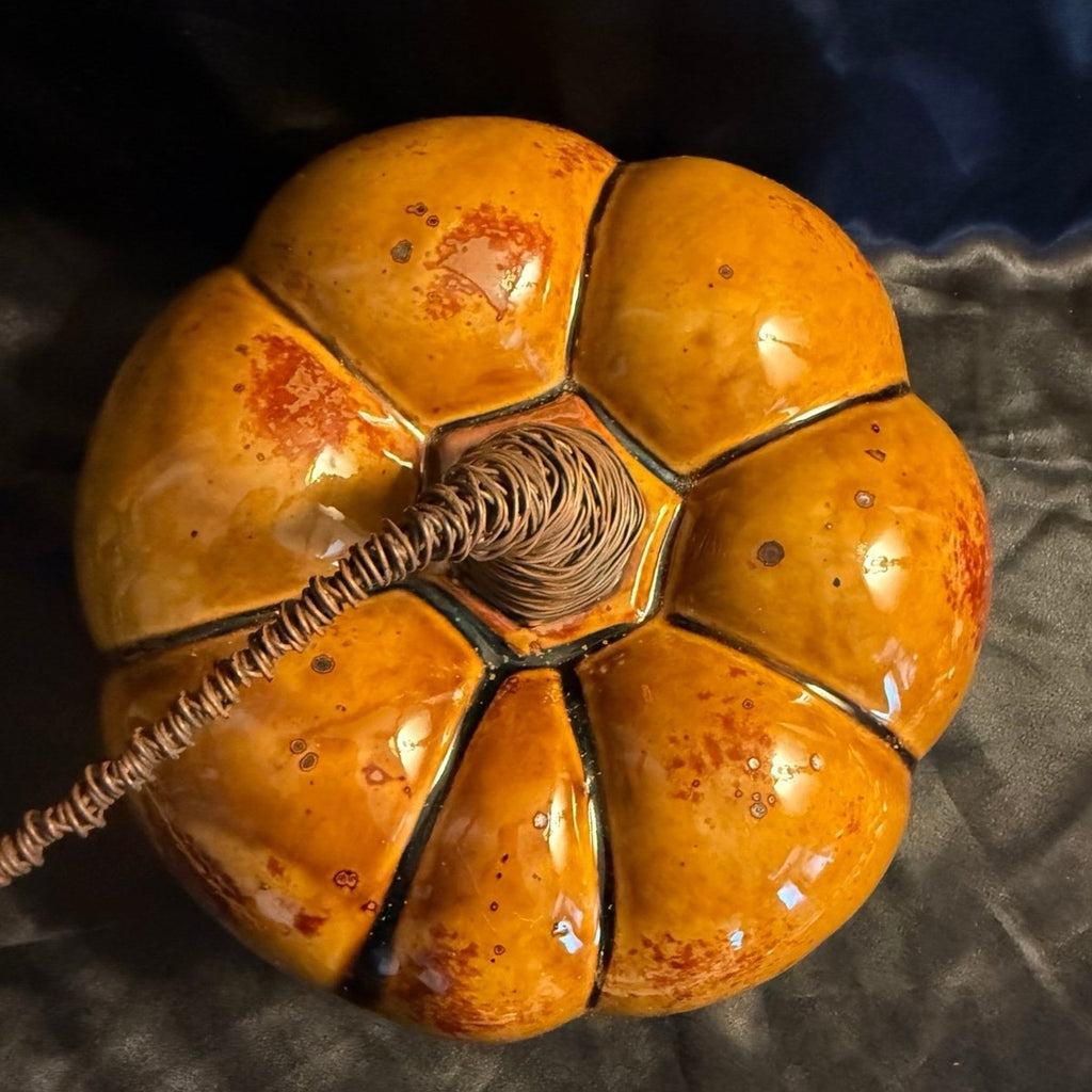 Vintage 2000 Pier 1 Ceramic Pottery Hand Painted Wire Stem Pumpkin