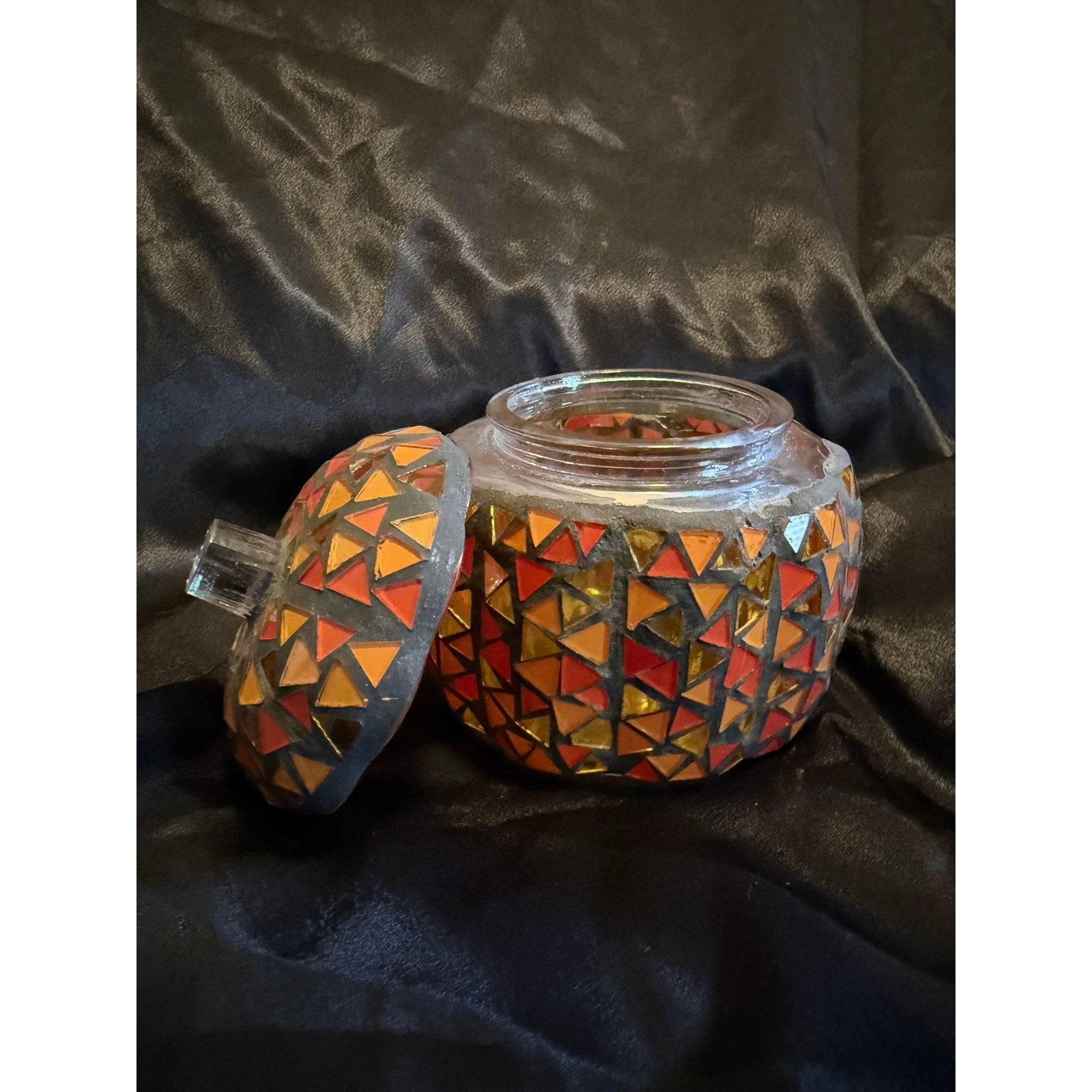 Mosaic glass pumpkin jar 6”x3” fall colors Halloween