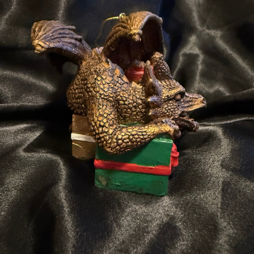 Vintage Design Toscano Dragon and Santa resin Christmas ornaments set