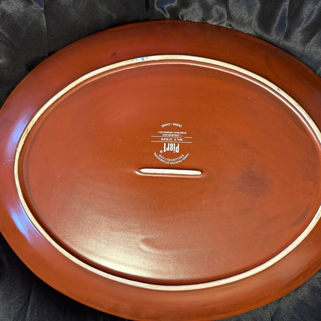 Pier 1 Imports Stoneware 16” Oval Serving Platter wavy stripe EUC