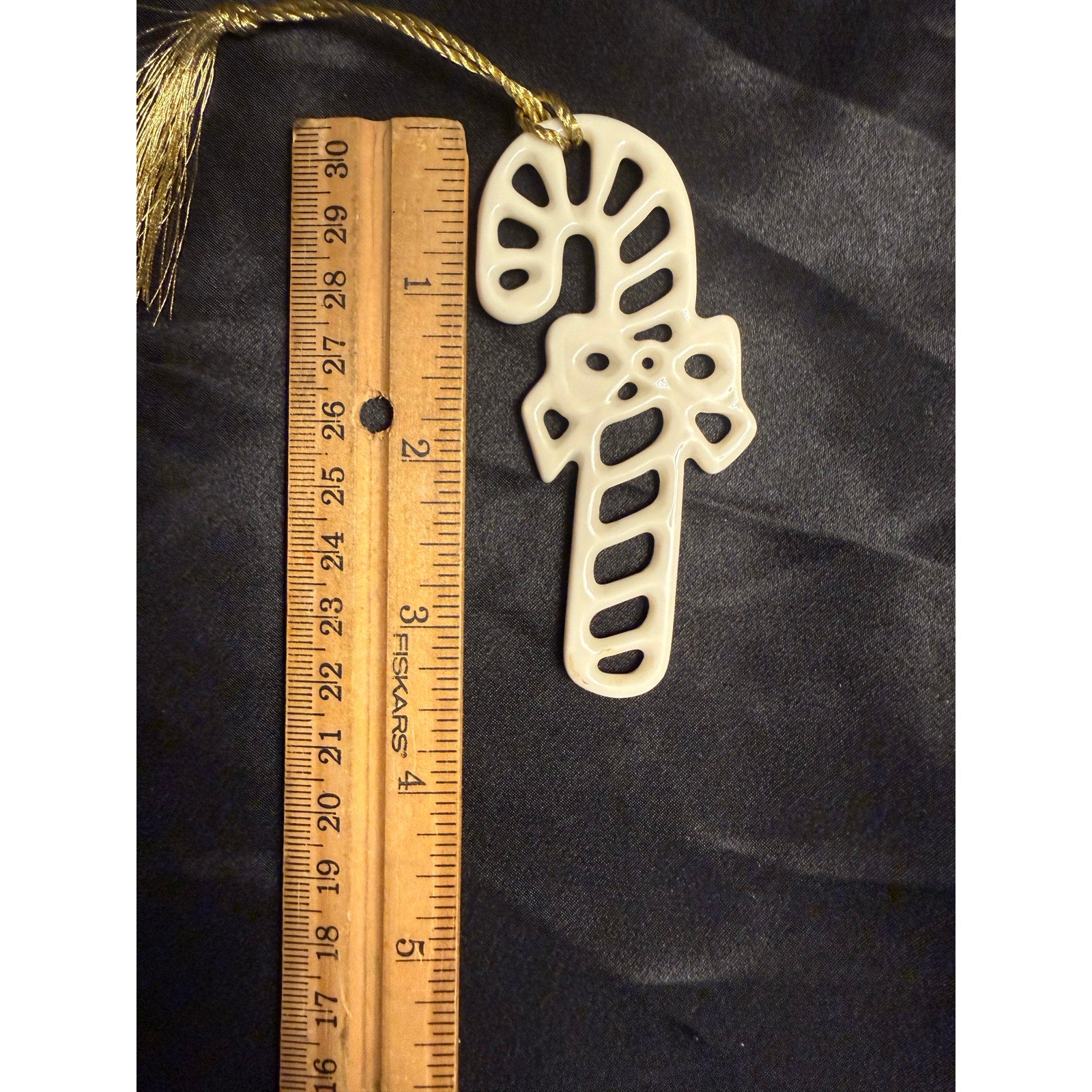 Vintage 80’s Lenox Ivory Porcelain Candy Cane Christmas Ornament Pierced With Gold Tassel 3.5"