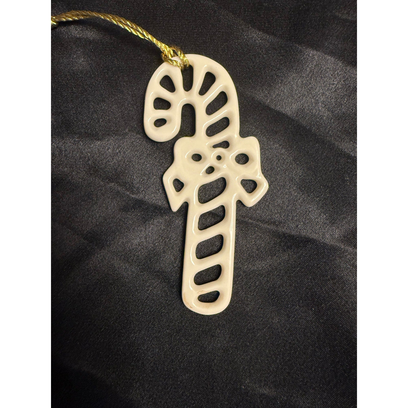 Vintage 80’s Lenox Ivory Porcelain Candy Cane Christmas Ornament Pierced With Gold Tassel 3.5"