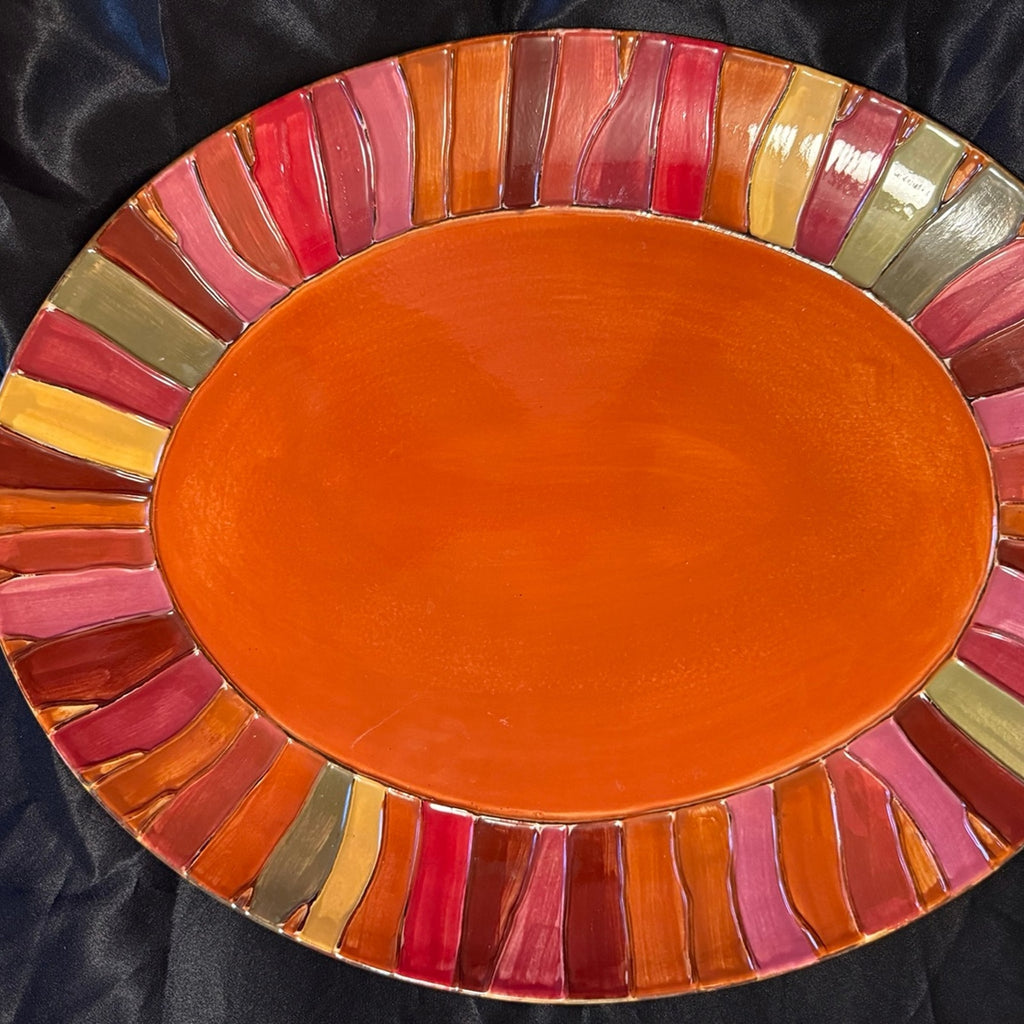 Pier 1 Imports Stoneware 16” Oval Serving Platter wavy stripe EUC