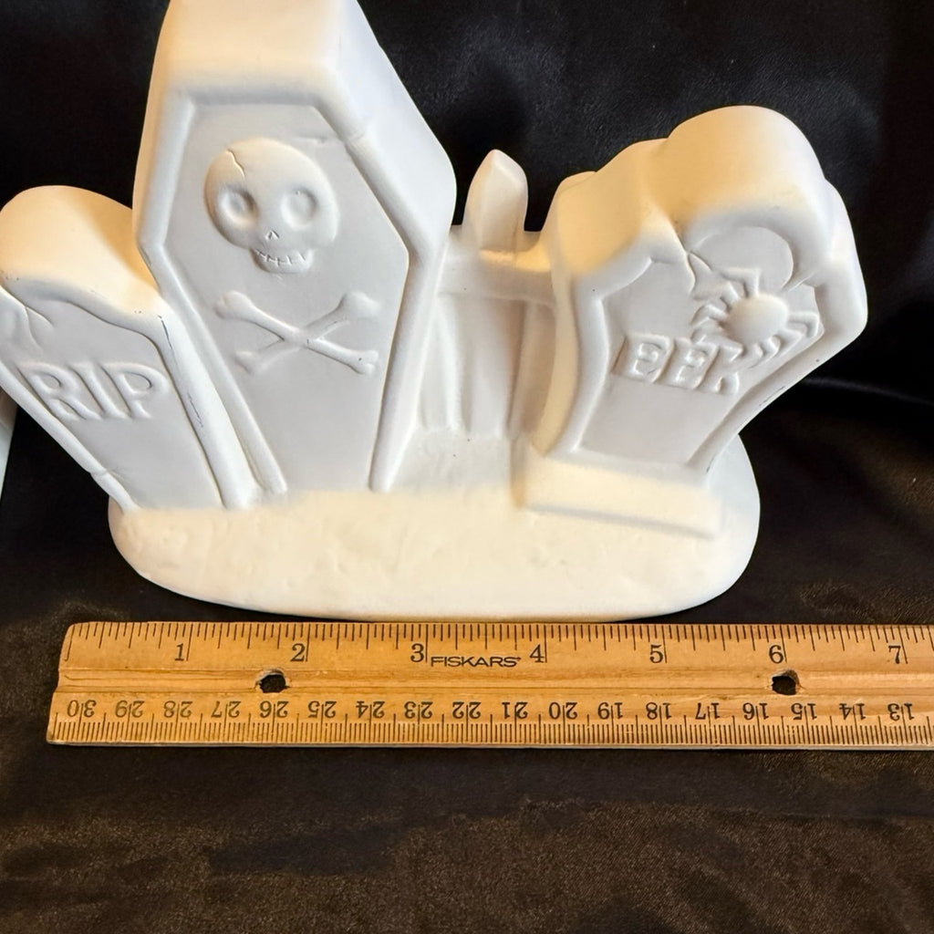 Two ready to paint ceramic pieces Halloween haunted house and headstones creepy
