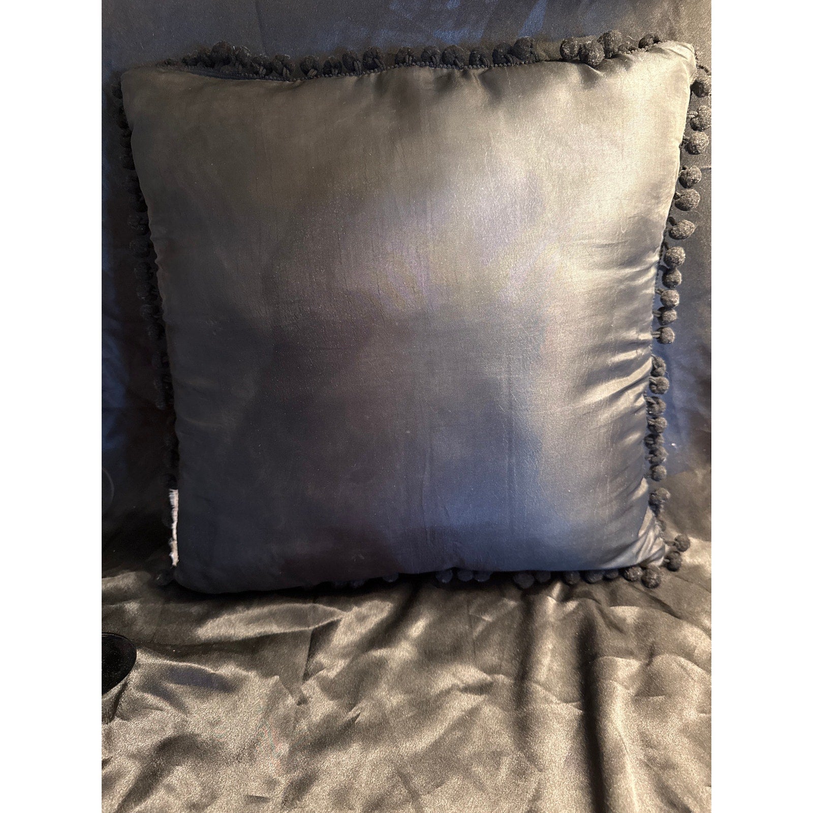 Skull and crossbones spiderwebs Satin throw pillow Pom-pom trim 15 x 15”