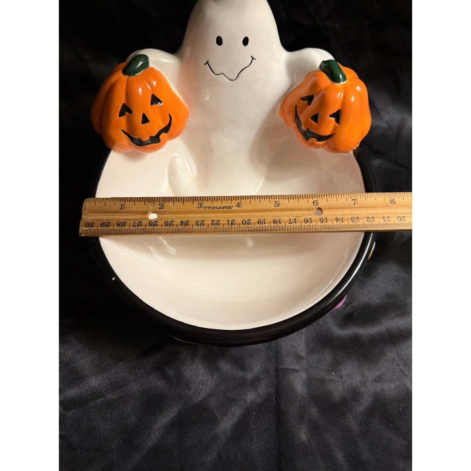 Vintage 90’s ceramic Halloween ghosts pumpkins candy bowl 6”x7”