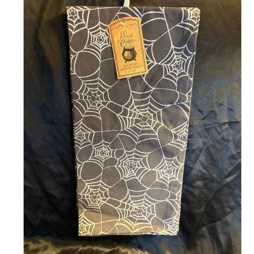 Set of two Witch Crafters Spider Web print kitchen towels 20” x 28”