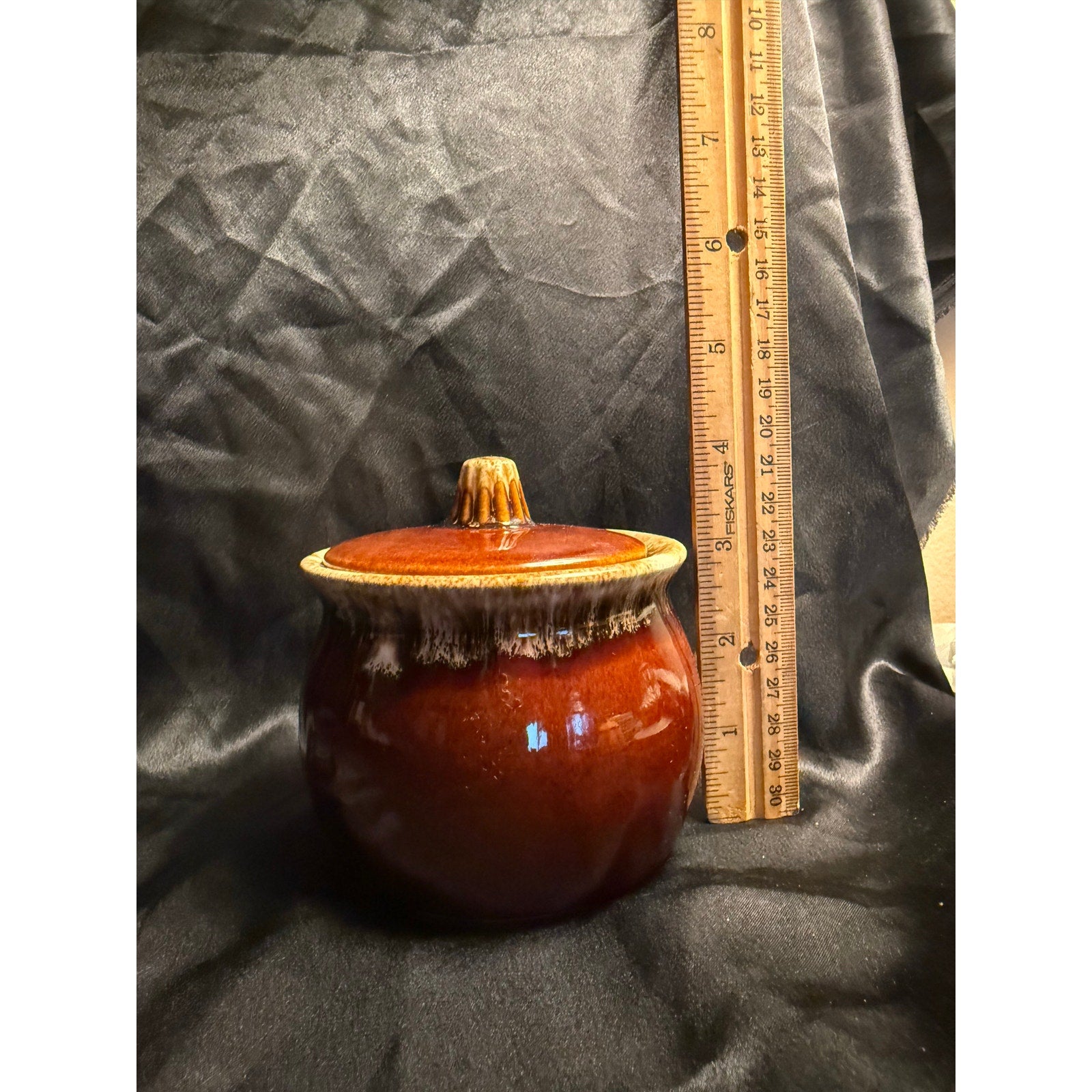 Vintage 60’s Hull Brown Drip Glaze sugar bowl with lid 5”
