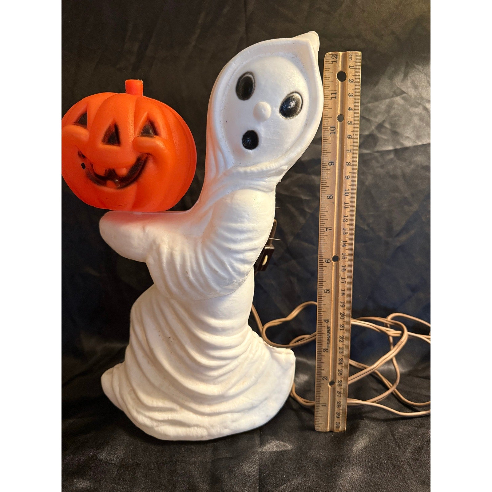 Vintage 1960's General Foam Halloween Ghost Holding Pumpkin Blow Mold Light 13"