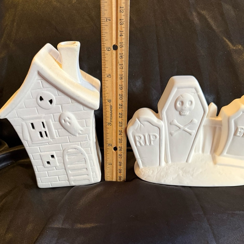 Two ready to paint ceramic pieces Halloween haunted house and headstones creepy