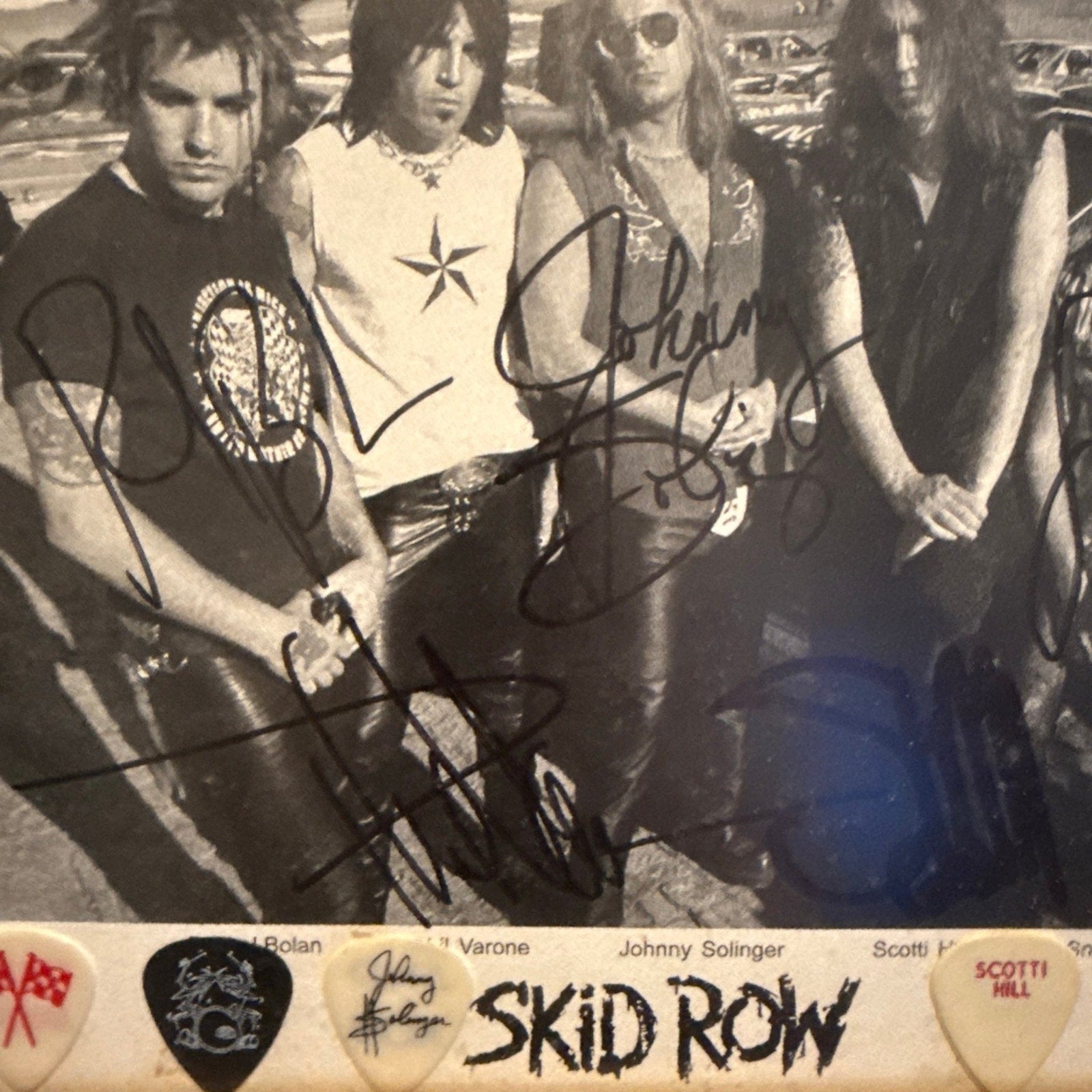 SKID ROW Authentic Autographed 8x10 Photo & Guitar Picks In Frame Rachel Bolan