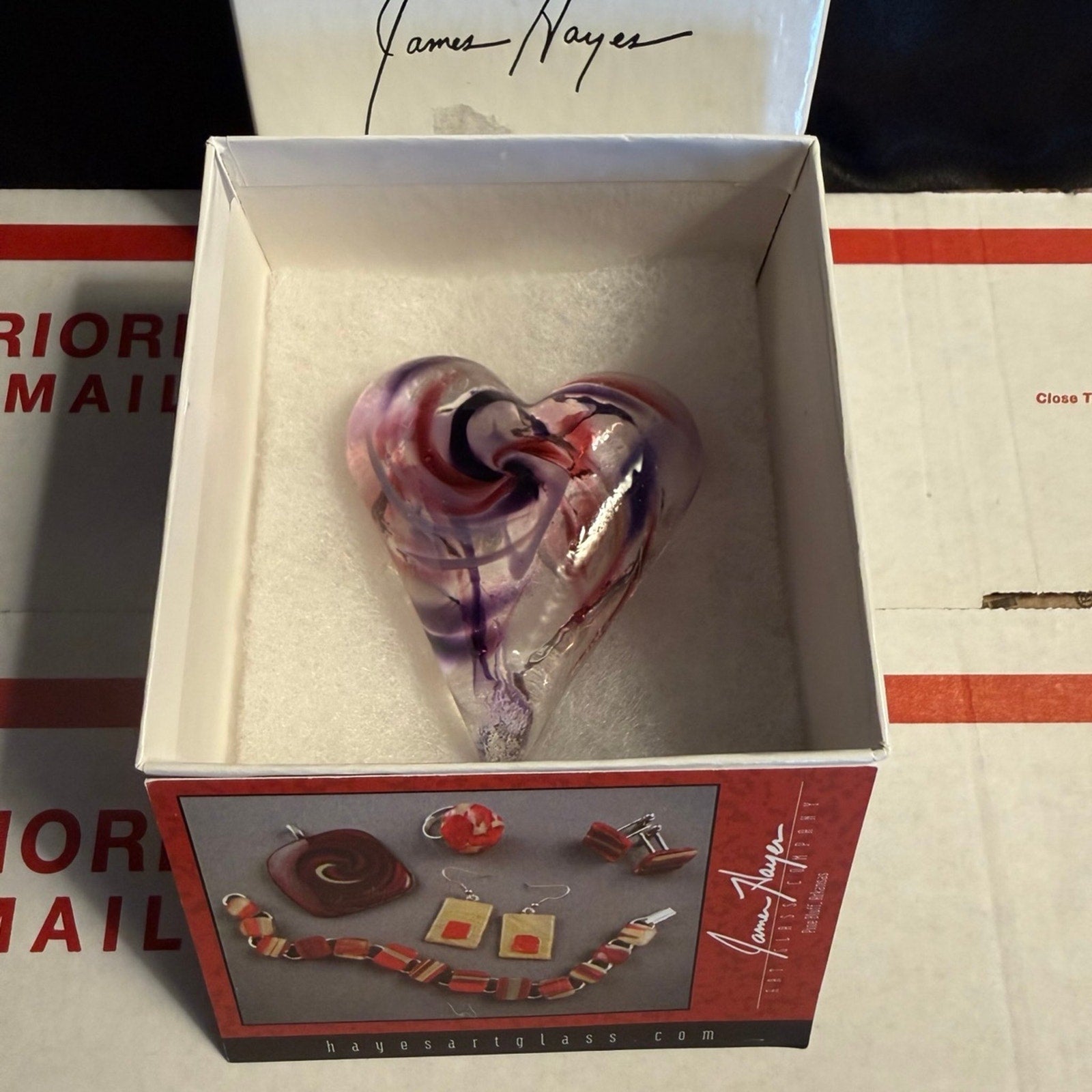 Signed James Hayes Art Glass Heart Pink Purple Scheme