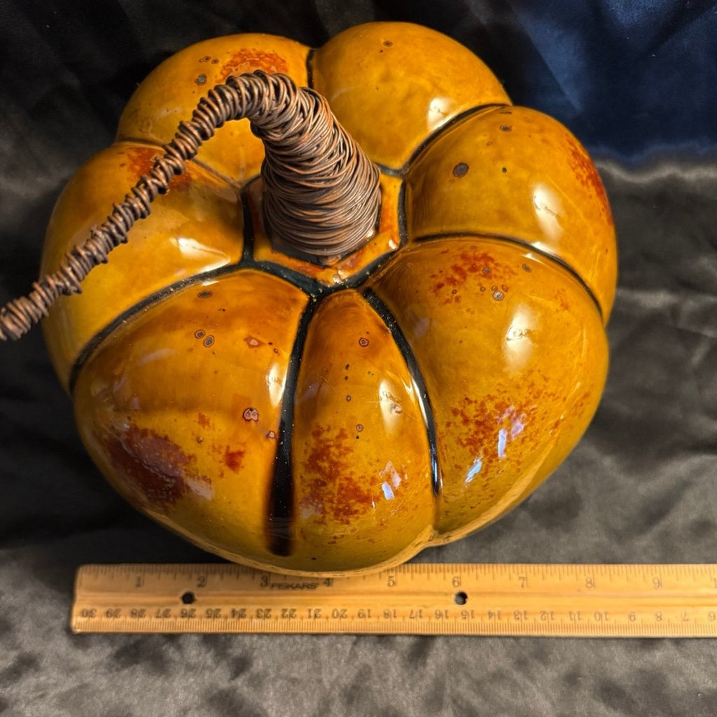 Vintage 2000 Pier 1 Ceramic Pottery Hand Painted Wire Stem Pumpkin