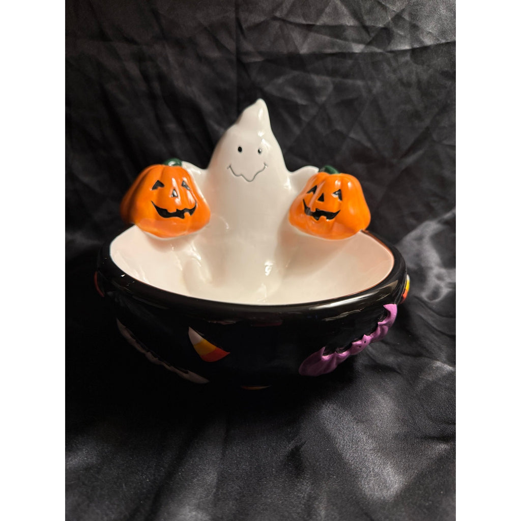 Vintage 90’s ceramic Halloween ghosts pumpkins candy bowl 6”x7”