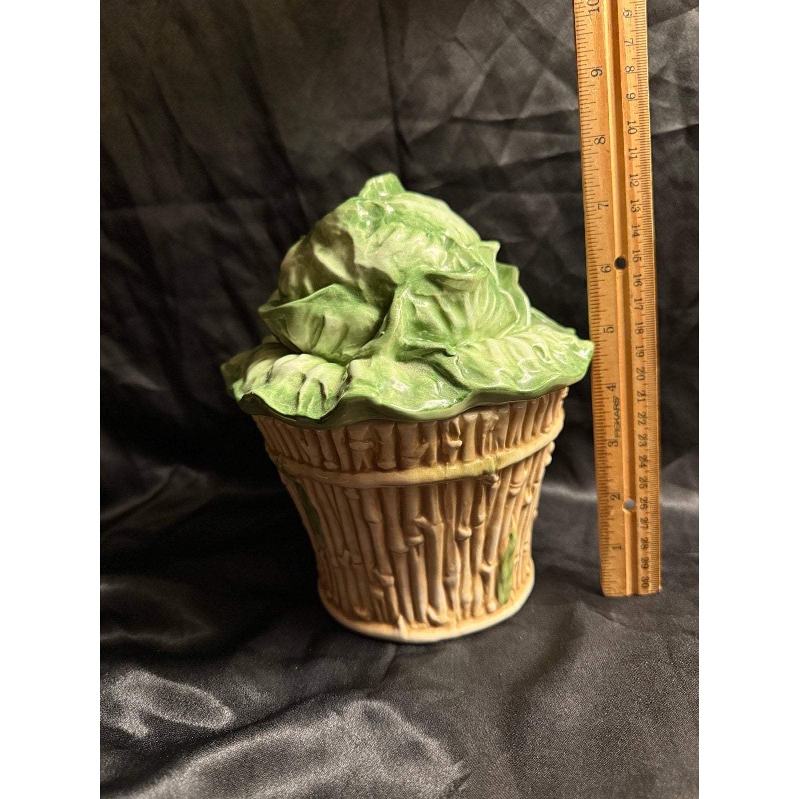 Vintage 90’s Vietri Italian Pottery Cabbage head in bamboo basket canister