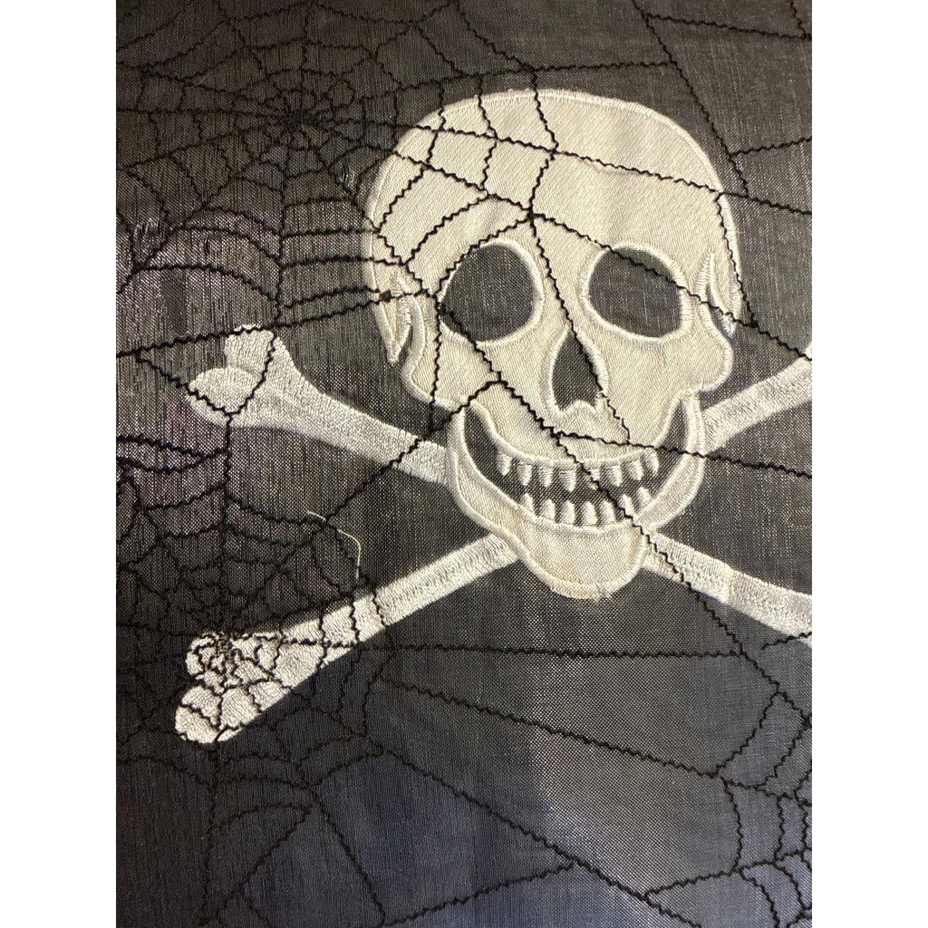 Skull and crossbones spiderwebs Satin throw pillow Pom-pom trim 15 x 15”