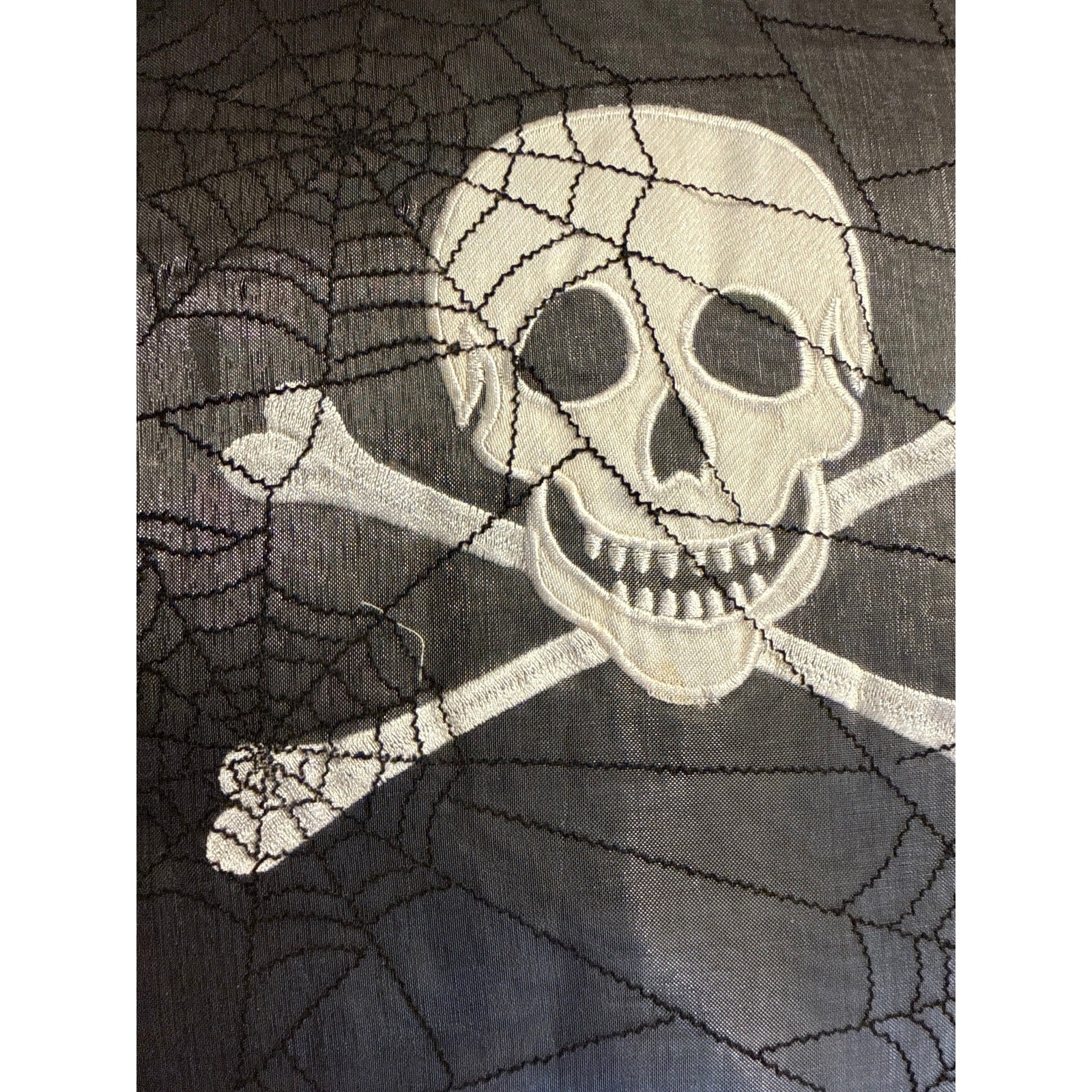 Skull and crossbones spiderwebs Satin throw pillow Pom-pom trim 15 x 15”