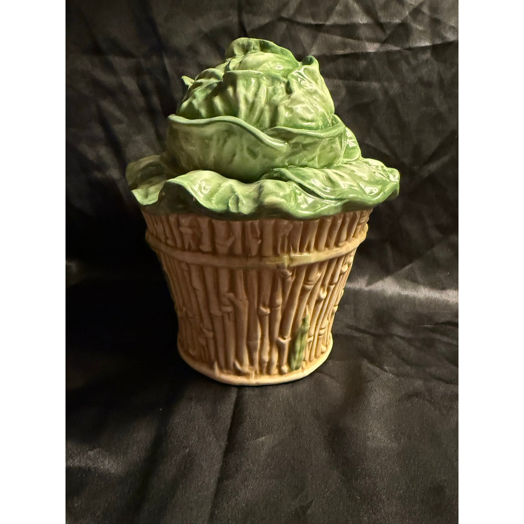 Vintage 90’s Vietri Italian Pottery Cabbage head in bamboo basket canister