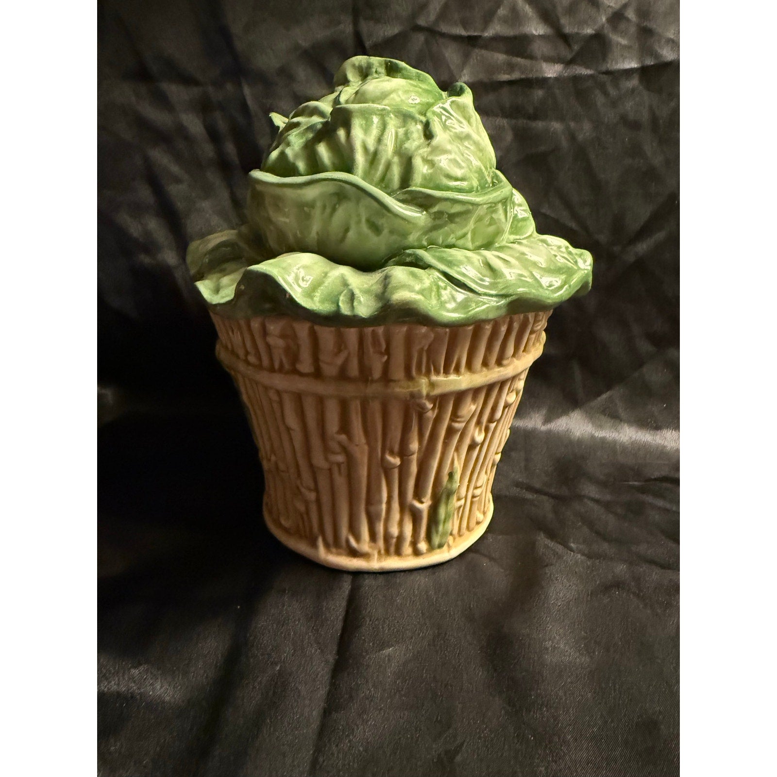 Vintage 90’s Vietri Italian Pottery Cabbage head in bamboo basket canister