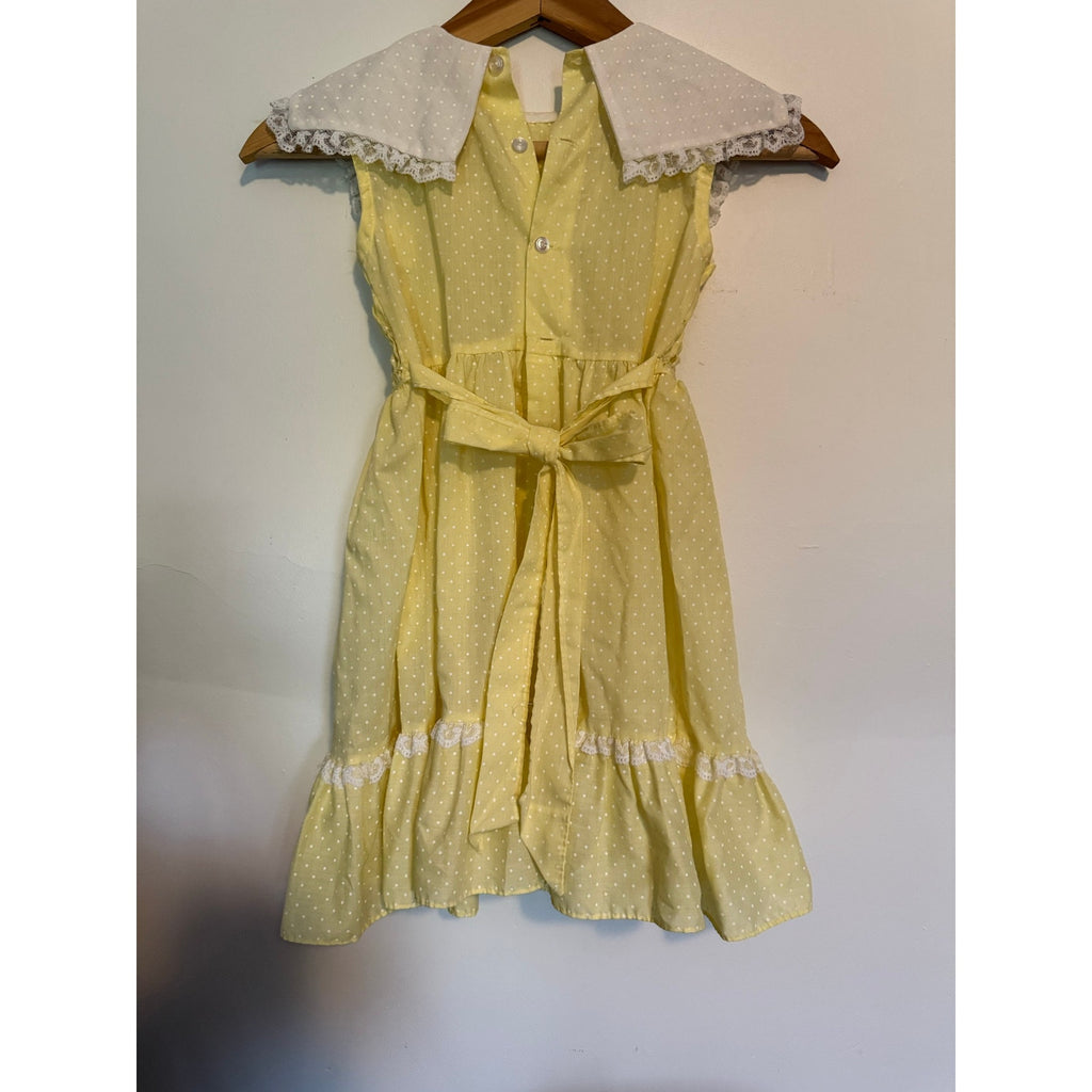 Vintage 1982 Shirred girls sun dress embroidered flowers lace trim collar no tags