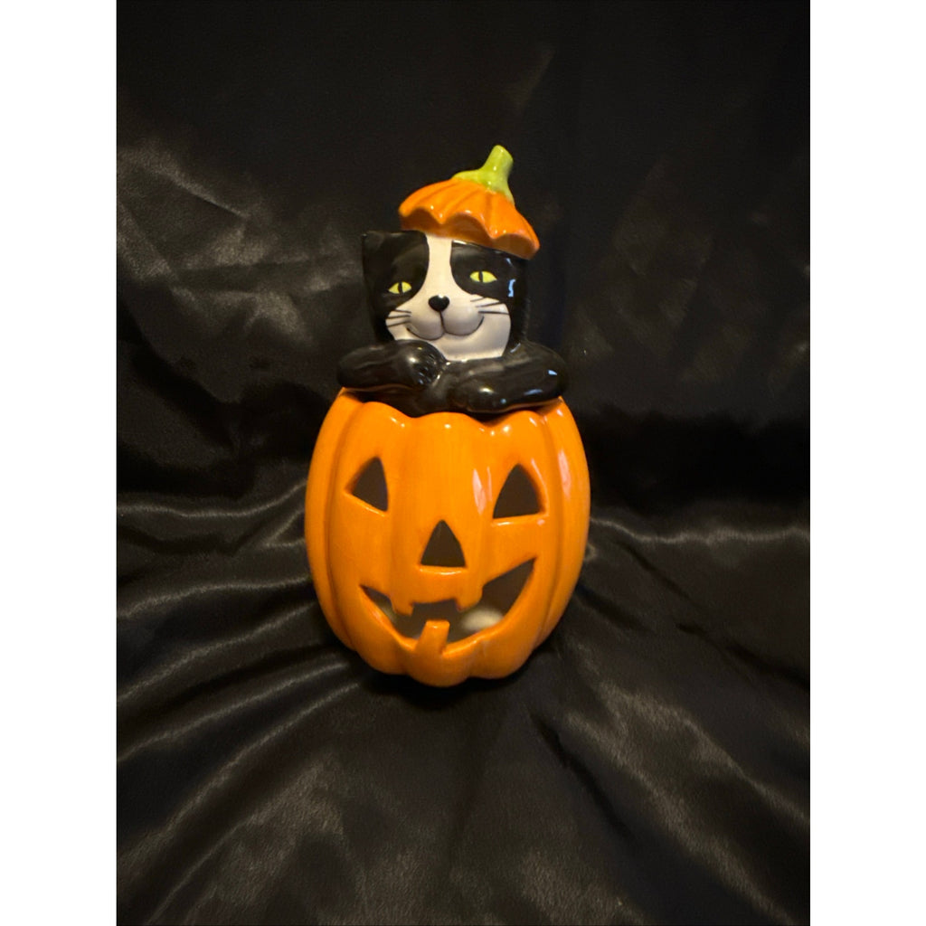 Vintage 90’s Scaredy Cats Jack o Lantern Halloween Ceramic Tea light Holder 6”
