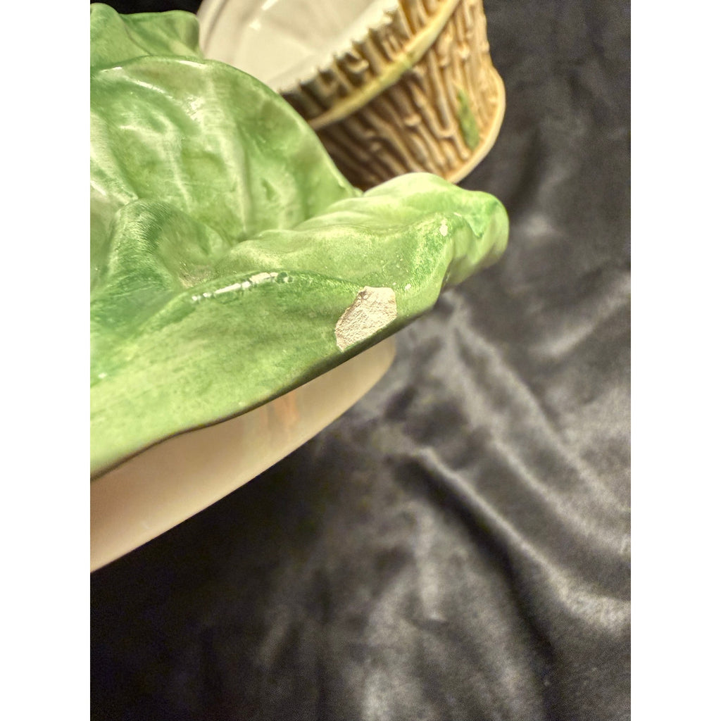 Vintage 90’s Vietri Italian Pottery Cabbage head in bamboo basket canister