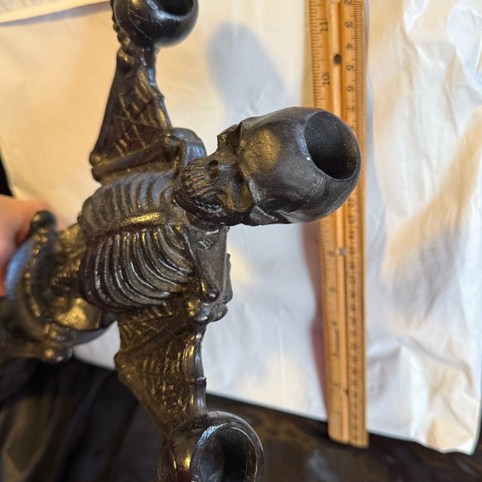 18” gothic resin skeleton candelabra with bat wings castlecore